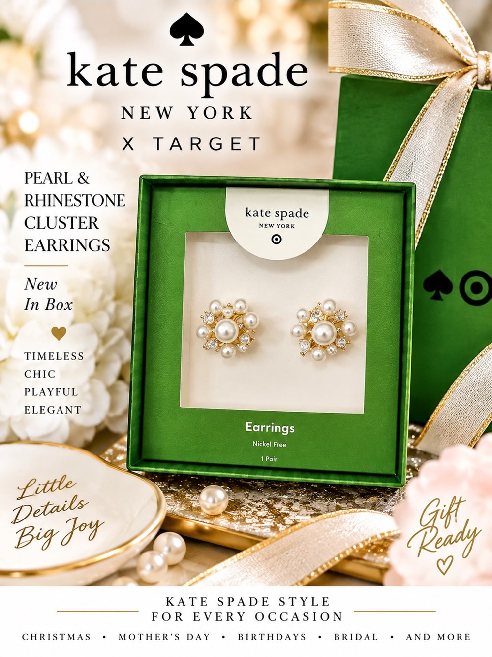 Kate Spade‎ X Target Pearl & Rhinestone Gold Cluster Earrings New In Box